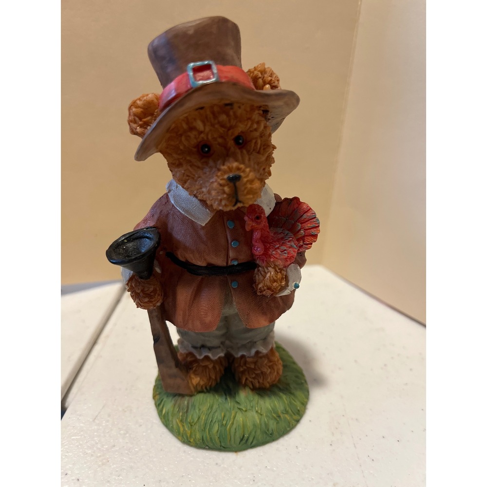 Thanksgiving Pilgrim Bear Figurine with Turkey and Blunderbuss Harvest Decor